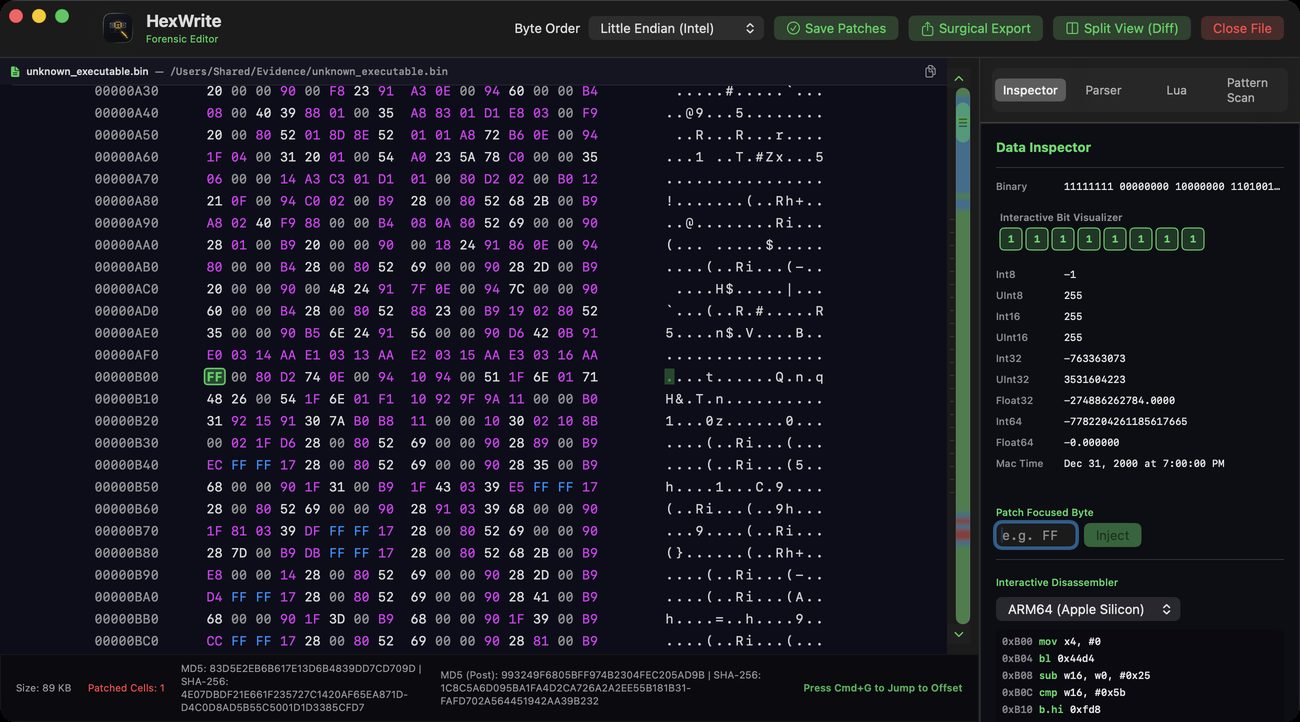 HexWrite after a byte patch and Surgical Export: one patched cell, with pre- and post-export MD5 and SHA-256 digests in the status bar