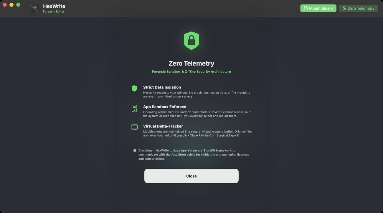 HexWrite's Zero Telemetry panel describing its forensic sandbox and offline security architecture